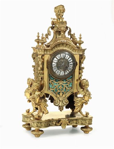 Pendola da Tavolo in Bronzo Dorato e Malachite, Francia XIX Secolo