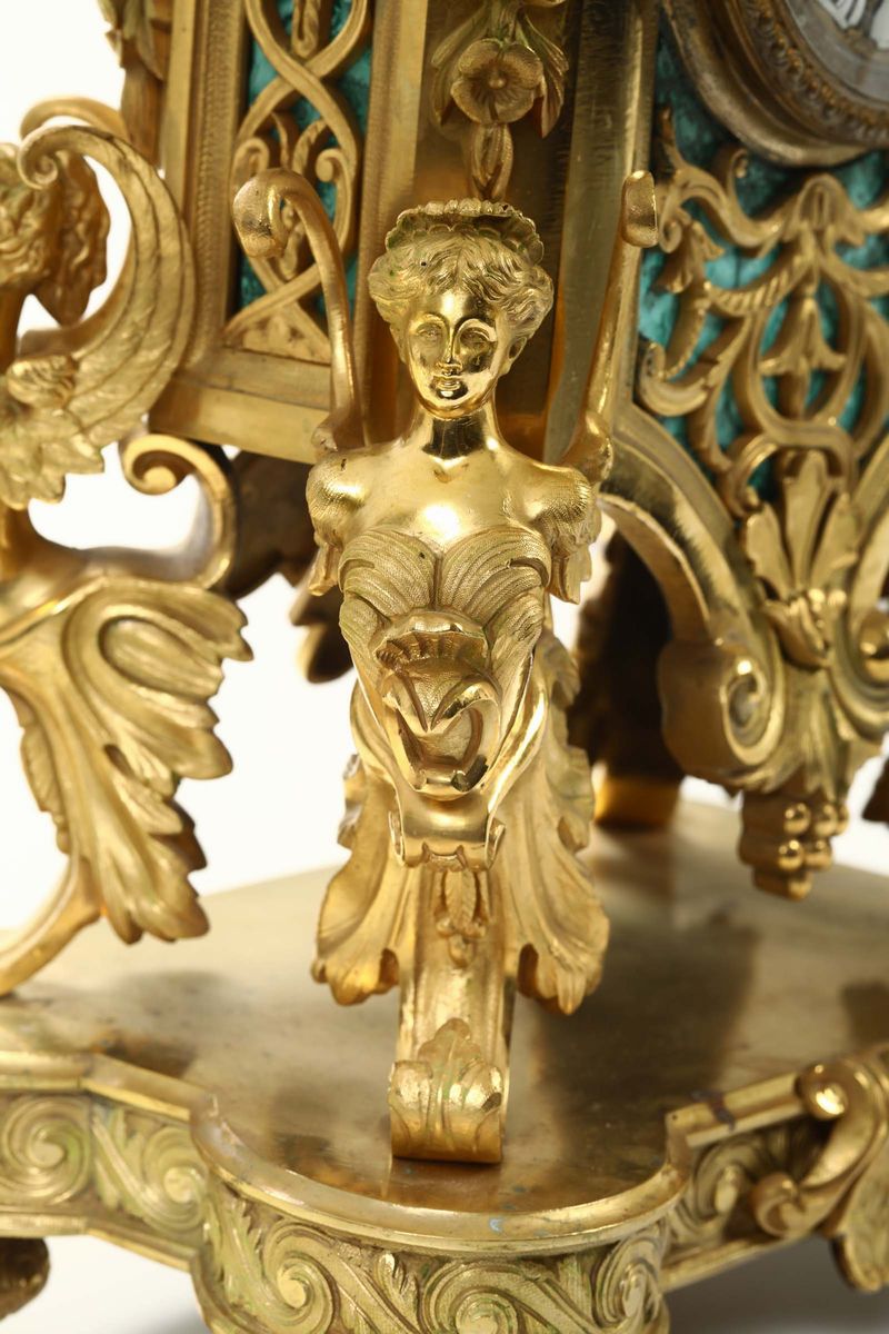 Pendola da Tavolo in Bronzo Dorato e Malachite, Francia XIX Secolo