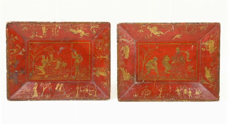 Coppia di vassoietti in lacca rossa ad arte povera, Venezia XVIII-XIX secolo  - Asta Antiquariato - Cambi Casa d'Aste