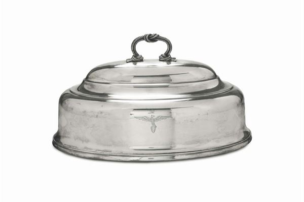A dishcover in molten, embossed and chiselled silver, silversmiths Fratelli Broggi, Milan first half of the 20th century