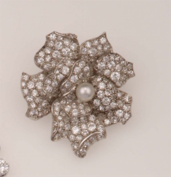 Diamond, cultured pearl and platinum pendant/brooch