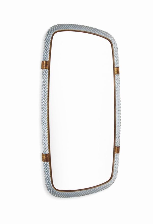 Venini, a mod. 20 mirror with a wooden and mirrored glass structure. Treccia glass and polished brass frame. Venini Prod., Italy, 1937