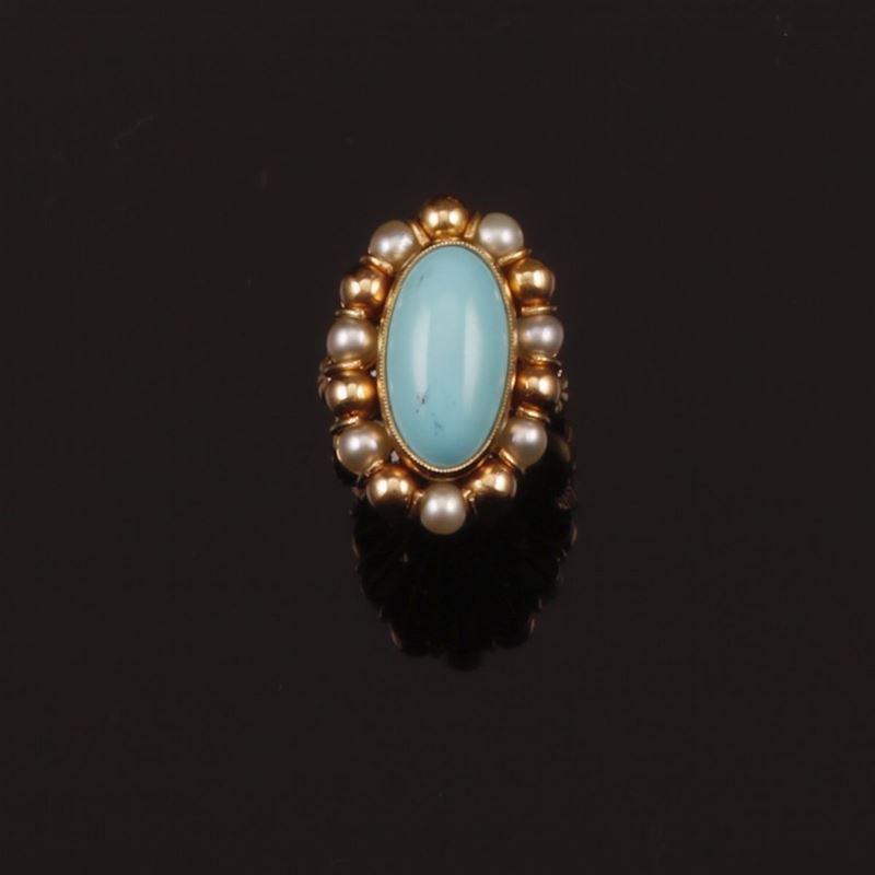 Anello con turchese e perle a contorno  - Auction Jewels - Timed Auction - Cambi Casa d'Aste