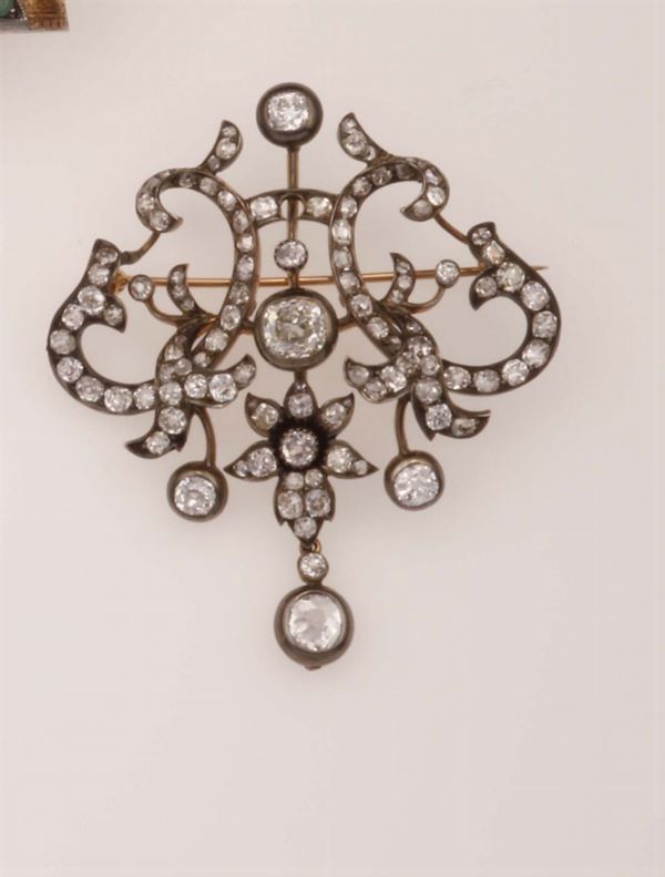 Old-cut diamond, gold and silver brooch