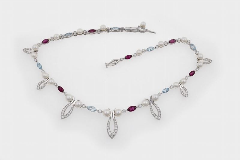 Gem set, diamond and cultured pearl necklace  - Auction Jewels - Cambi Casa d'Aste