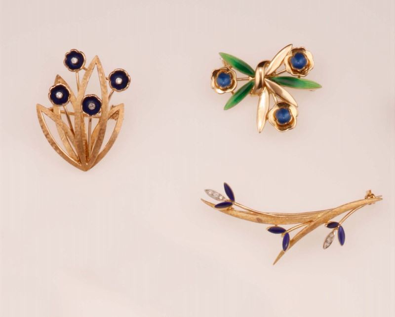Three gold, enamel and diamond broches. Signed Repossi  - Auction Fine Jewels - Cambi Casa d'Aste