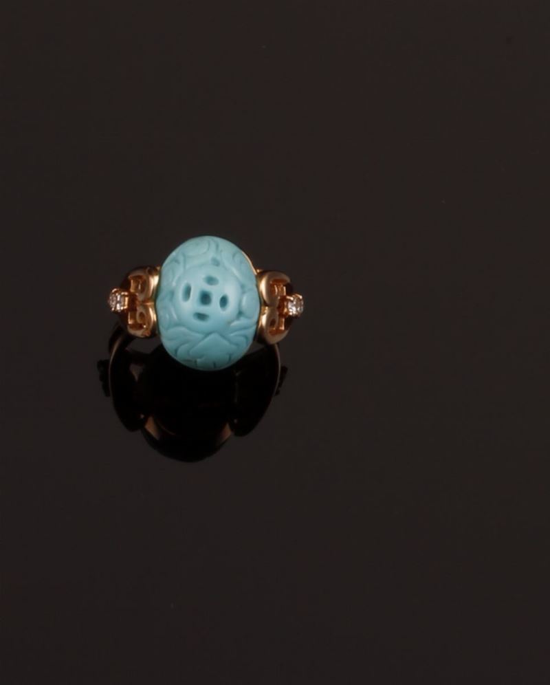 Anello con turchese inciso e diamanti  - Asta Fine Coral Jewels - Cambi Casa d'Aste