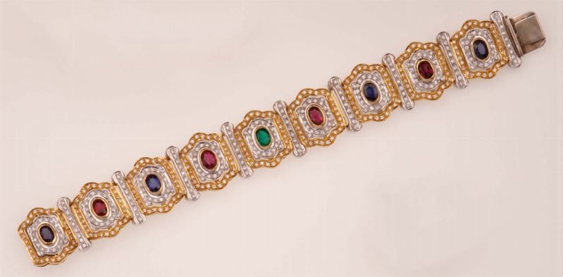 Bracciale con rubini, zaffiri, smeraldo e diamanti  - Asta Fine Jewels - Cambi Casa d'Aste