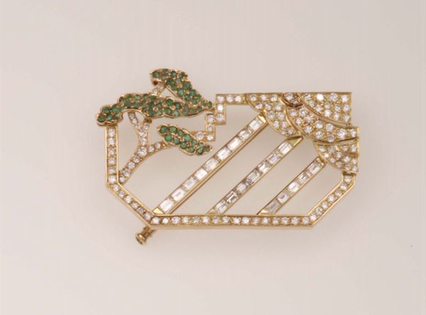Diamond and emerald brooch. Signed Tiffany & Co.