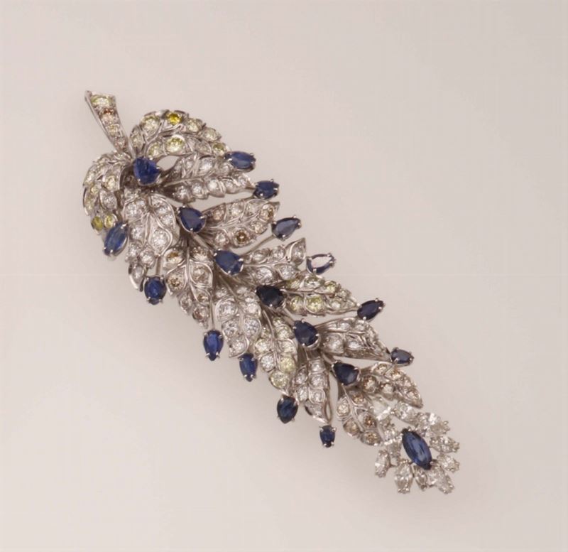 Sapphire and diamond brooch. Designed as a feather  - Auction Fine Jewels - Cambi Casa d'Aste