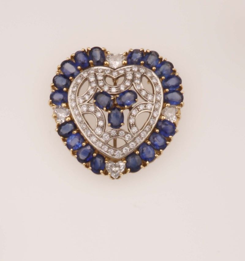 Sapphire and diamond brooch/pendant. Designed as a heart. Signed Moroni  - Auction Fine Jewels - Cambi Casa d'Aste