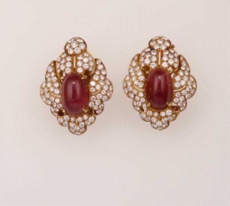 Pair of ruby and diamond earrings. Signed Bulgari. Fitted case  - Auction Fine Jewels - Cambi Casa d'Aste