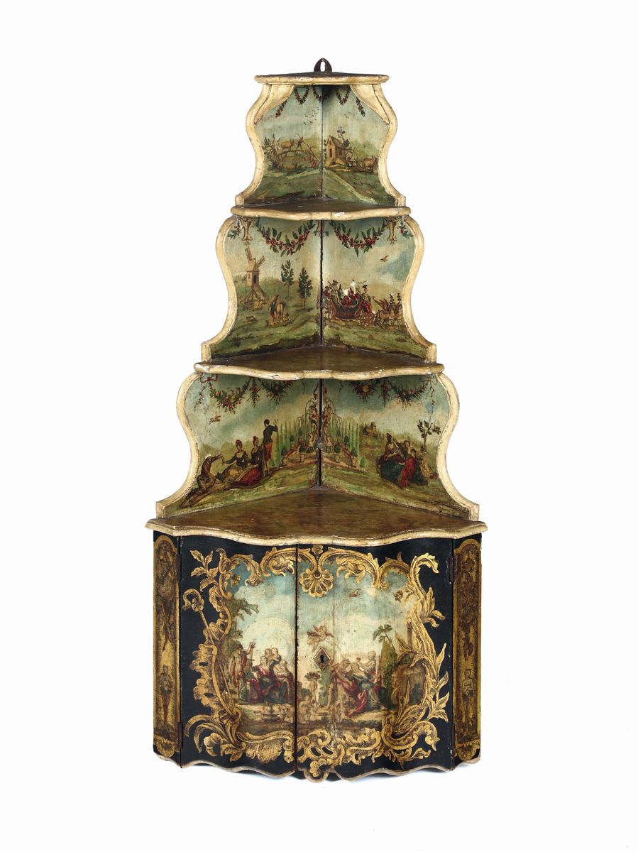 Angolare a Due Ante in Legno Dipinto e Dorato con Alzata, Venezia XVIII Secolo