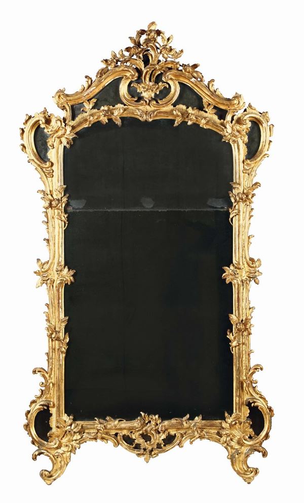 Specchiera di legno intagliato e dorato, Genova 1750 circa