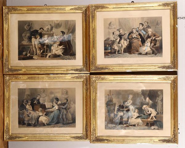 Lotto di quattro stampe raffiguranti allegorie della scultura, della poesia, della musica e della pittura, XIX-XX secolo
