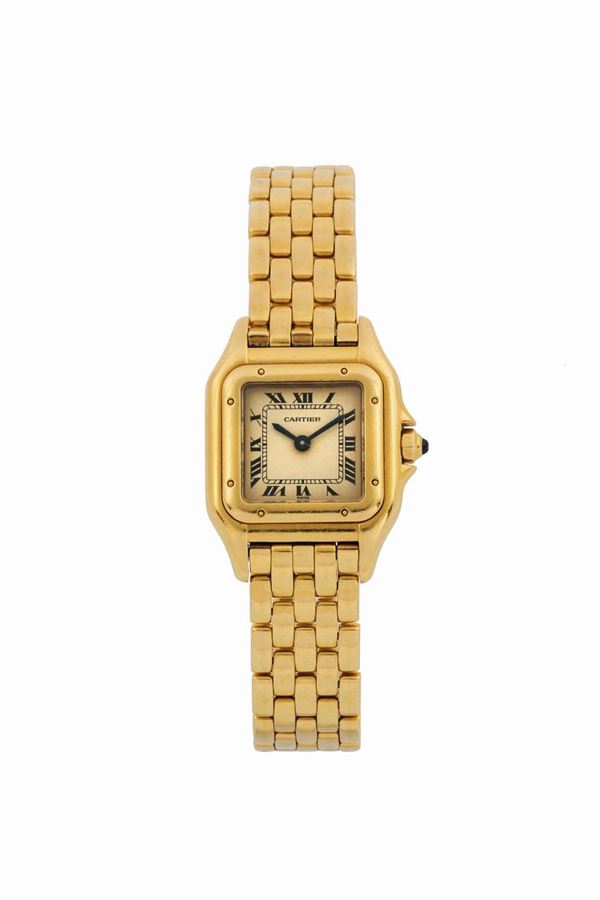 Cartier, Ref. 30483. Fine, square, water-resistant, 18K yellow gold lady's quartz wristwatch with an integrated 18K yellow gold Cartier link bracelet with double deployant clasp. Made circa 1990