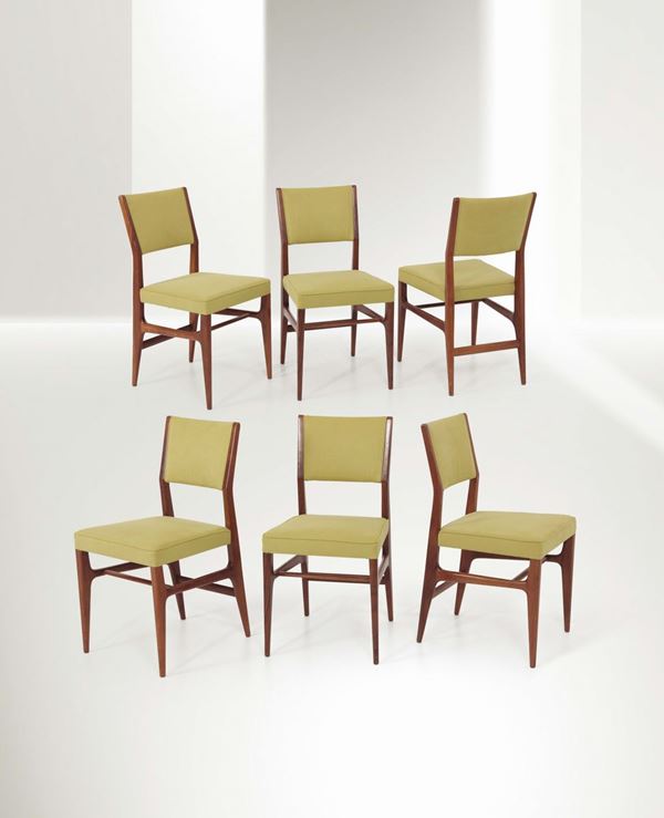 Gio Ponti, six mod. 111 chairs in wood and fabric. Cassina Prod., Italy, 1950 ca.