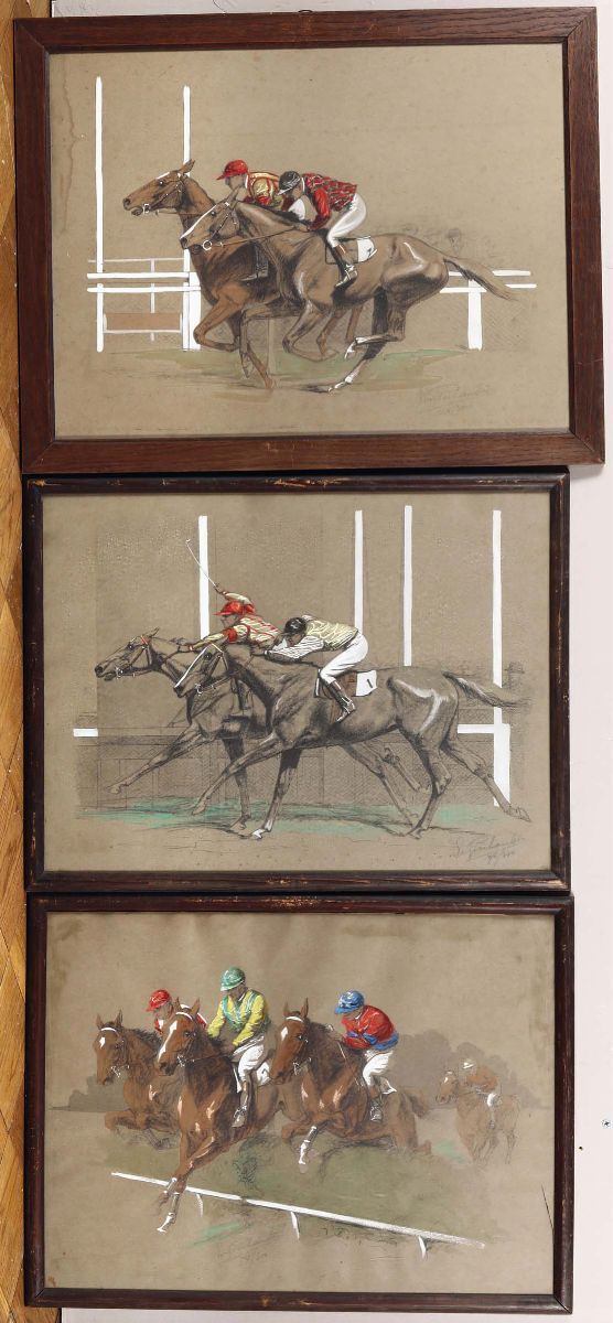 Eugéne Péchaubes (1890 - 1967) All’arrivo; Cavalli all’ostacolo; Rivalità  - Auction Fine Art - Cambi Casa d'Aste
