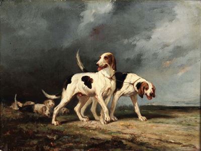 Joseph Francis Walker (attivo 1865 - 1890)hounds in Landscape