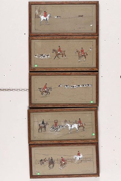 Pittore del XIX-XX Secolocinque Scene di Caccia alla Volpe