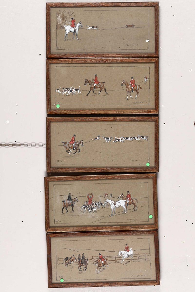 Pittore del XIX-XX secolo Cinque scene di caccia alla volpe  - Asta Antiquariato - Cambi Casa d'Aste