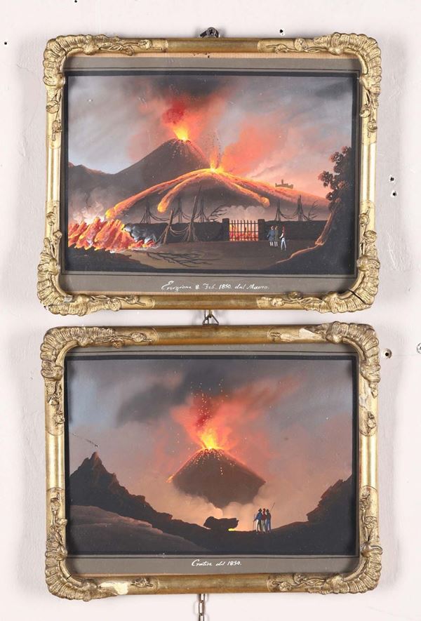 Coppia di gouaches raffiguranti eruzione del Vesuvio, XIX secolo