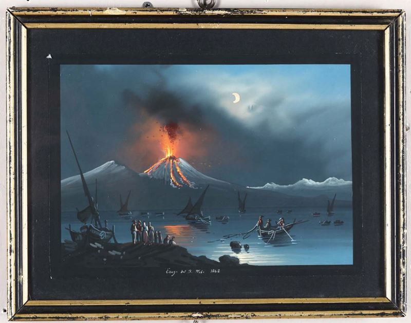 Gouache raffigurante eruzione del Vesuvio, XIX secolo  - Auction Timed Fine Art - I - Cambi Casa d'Aste