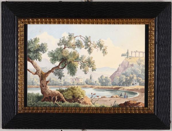 Due gouaches diverse raffiguranti paesaggio e golfo di Napoli, XIX secolo