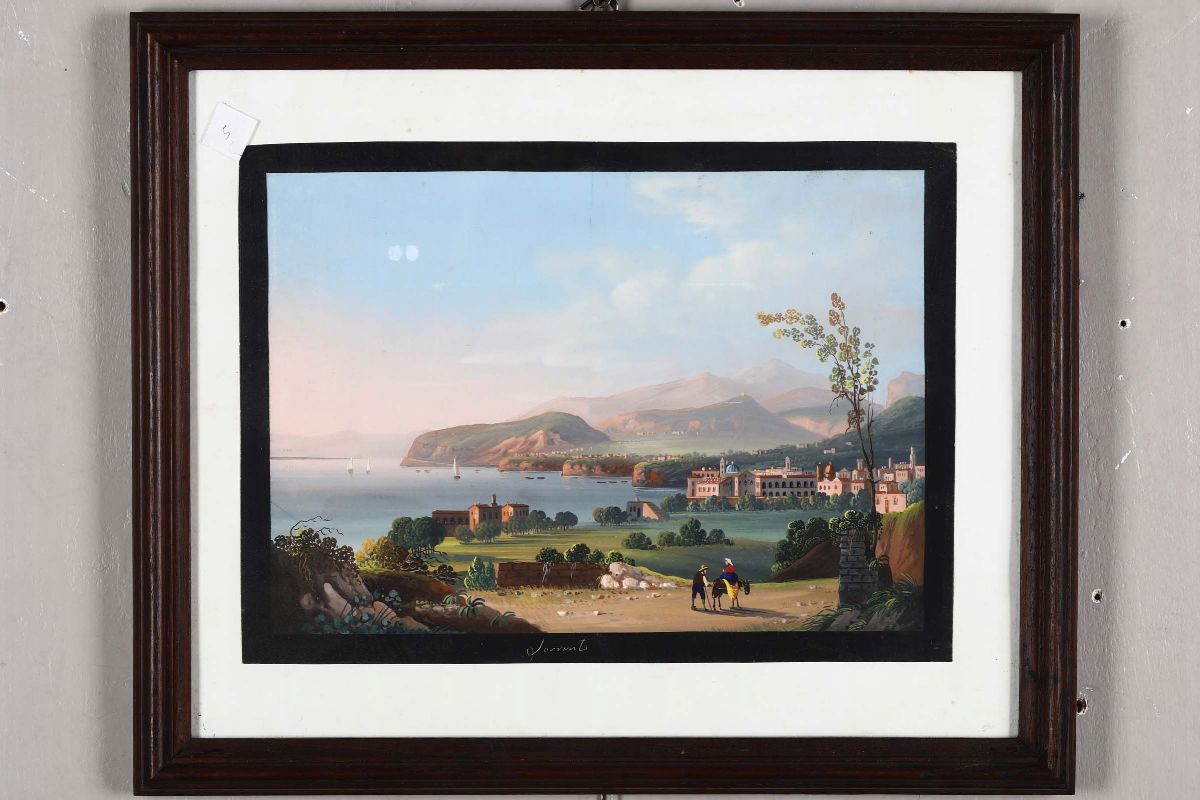 Due Gouaches Diverse Raffiguranti Paesaggio e Golfo di Napoli, XIX Secolo