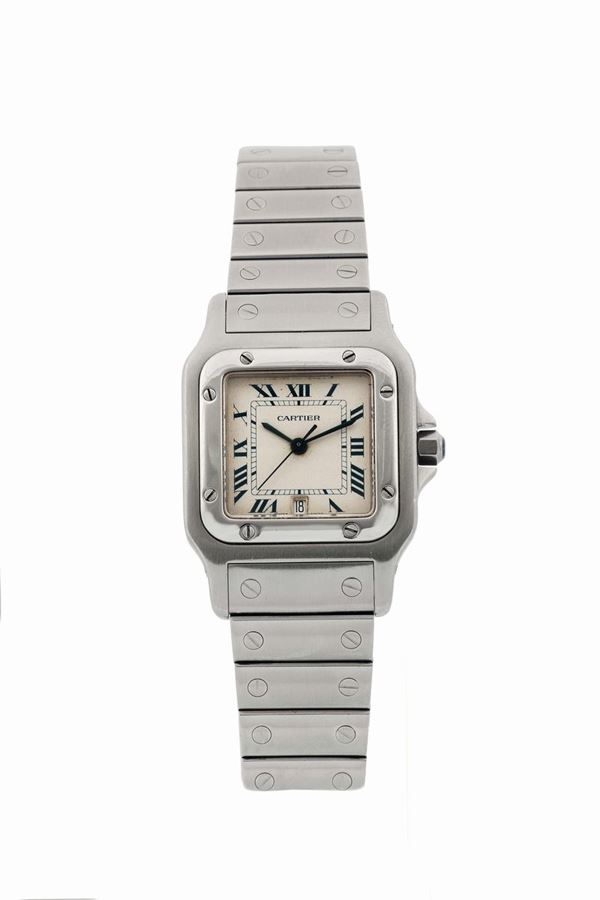 Cartier, Santos, Ref. 1565. Fine, square water-resistant, stainless steel quartz wristwatch with date and a stainless steel Cartier bracelet with deployant clasp. Made circa 1990