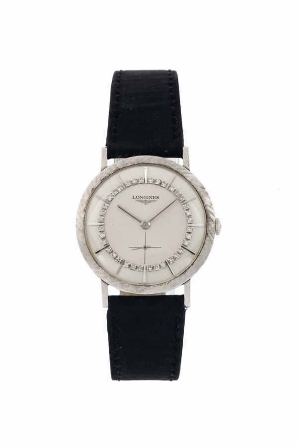 Longines, 14K white gold wristwatch with diamonds. Made circa 1980