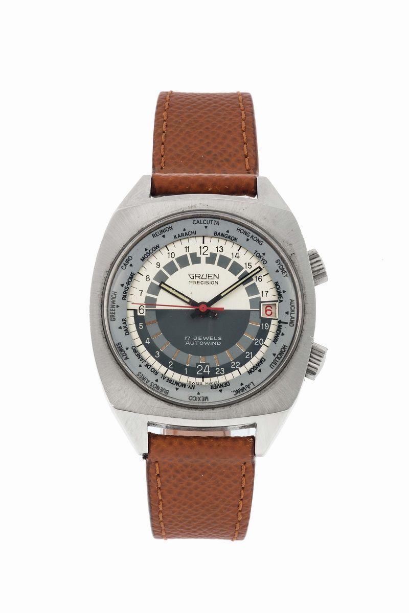 GRUEN, Precision, Autowind, water resistant, self winding, stainless steel wristwatch with date and world time indication. Made circa 1970  - Auction Watches and Pocket Watches - Cambi Casa d'Aste