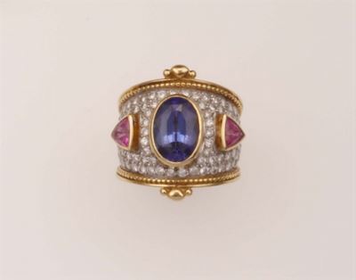 Theo Fennell. Anello Bombé con Tanzanite, Rubini e Diamanti