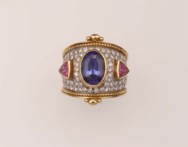 Tanzanite, ruby and diamond ring. Signed Theo Fennell