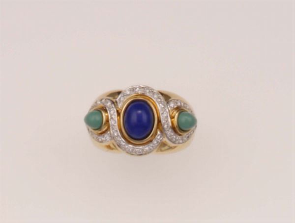 Lapis lazuli, turquoise and diamond ring