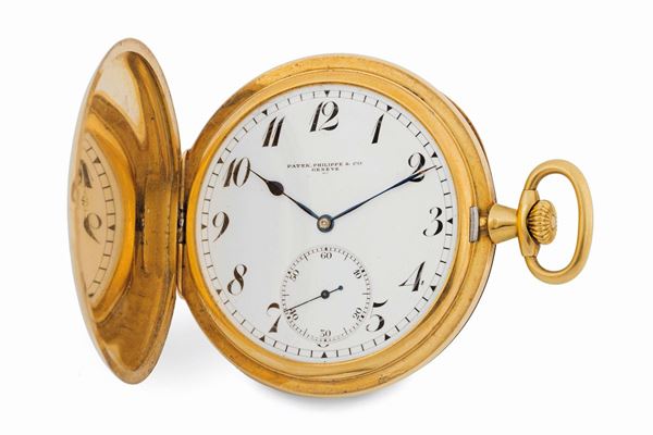 PATEK PHILIPPE, Geneve, movimento No. 184793, cassa No. 281976. Raro, orologio da tasca, doppia cassa in oro giallo 18K. Accompagnato dalla scatola originale.