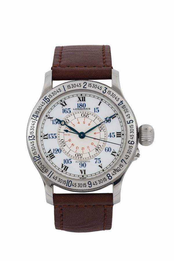 Longines, Lindbergh - Hour Angle Watch,Ref. L26784112, replica of the famous navigator's watch, invented by Col. Chas. A. Lindbergh and Longines in 1927. Fine and rare, large, hour-angle, center seconds, self-winding, stainless steel wristwatch with a stainless steel Longines buckle. Accompanied by the original box, map, Guarantee, book, instruction booklet. Sold in 2006