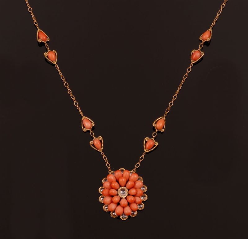 Coral and rose-cut diamond necklace  - Auction Fine Coral Jewels - Cambi Casa d'Aste