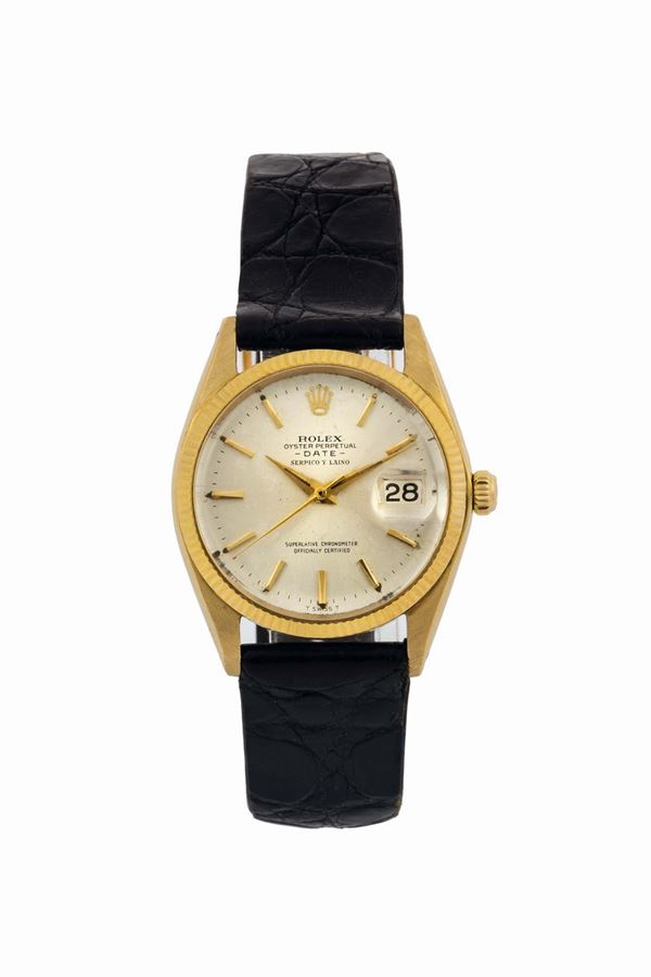 Rolex, Oyster Perpetual, Date,  SERPICO Y LAINO, Superlative Chronometer, Officially Certified, case No. 1151993, Ref. 1503. Fine, center seconds, self-winding, water-resistant, 18K yellow gold wristwatch with date Accompanied by a Rolex box, Cosc Certificate and Guarantee. Sold in 1967