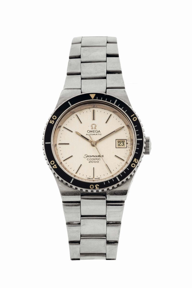 OMEGA, Automatic, Seamaster Cosmic Diver 2000, Ref. 166137. Fine, water resistant, stainless steel wristwatch with date and an original bracelet with deployant clasp. Accompanied by the original box and Guarantee. Made circa 1970  - Auction Watches and Pocket Watches - Cambi Casa d'Aste