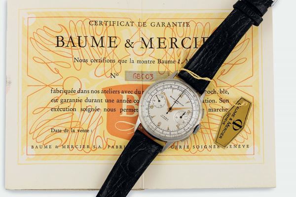 Baume Mercier,Geneve, Ref. 68003. Fine, stainless steel,chronograph wristwatch with telemetre and tachometer scale. Accompanied by the original box and Guarantee. Made circa 1960