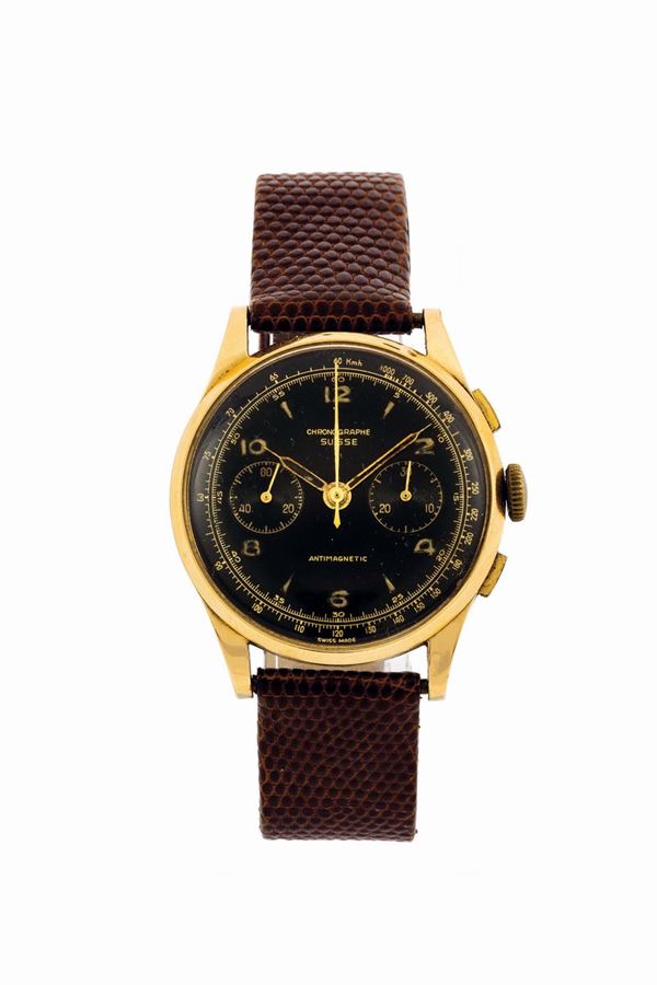 Chronographe Suisse, 18K yellow gold antimagnetic chronograph wristwatch. Made circa 1960