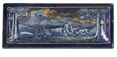 Cinque Placchette Raffiguranti Scene Agresti e di Caccia in Rame Smaltato e Dorato. Limoges XVII ...