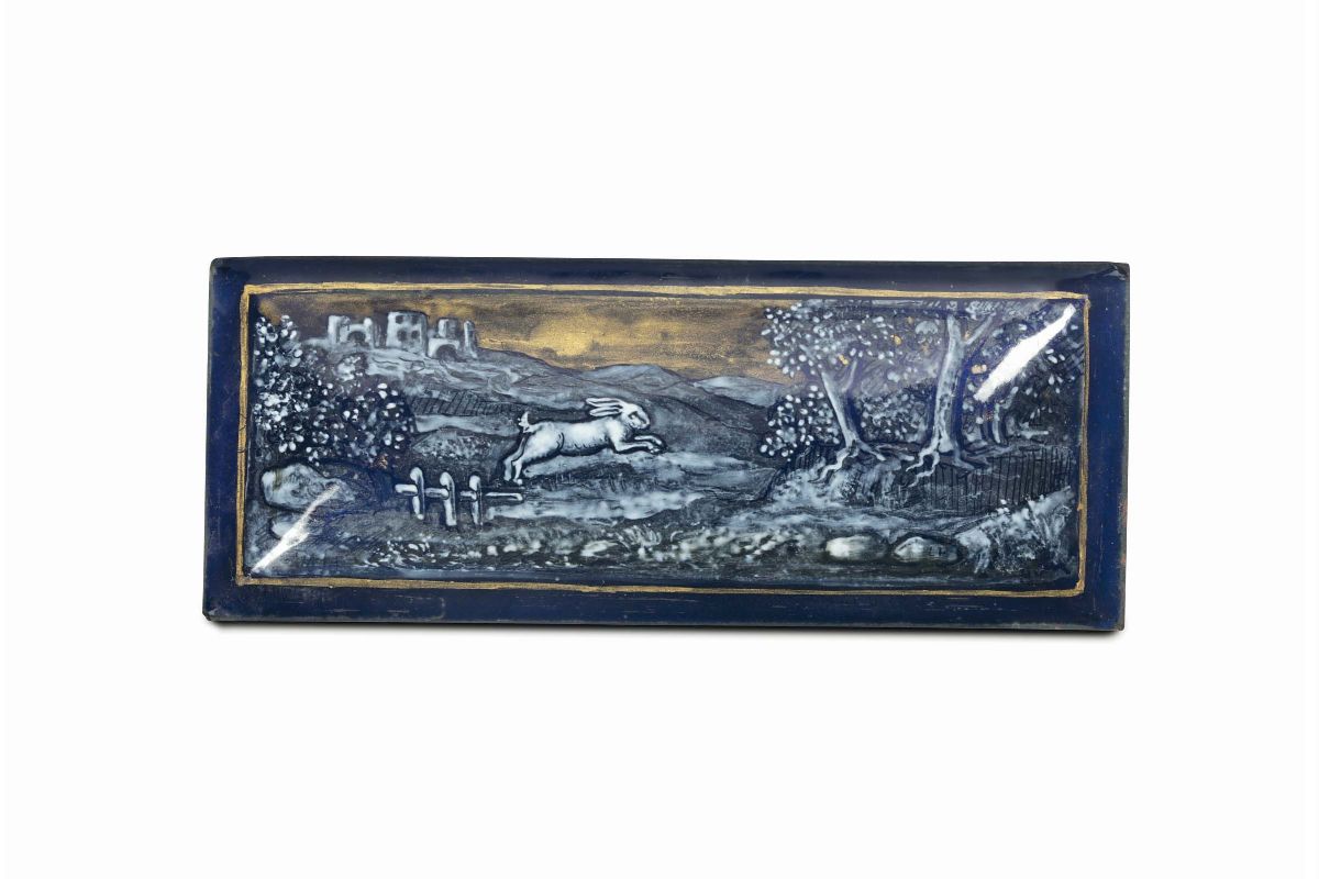 Cinque Placchette Raffiguranti Scene Agresti e di Caccia in Rame Smaltato e Dorato. Limoges XVII ...