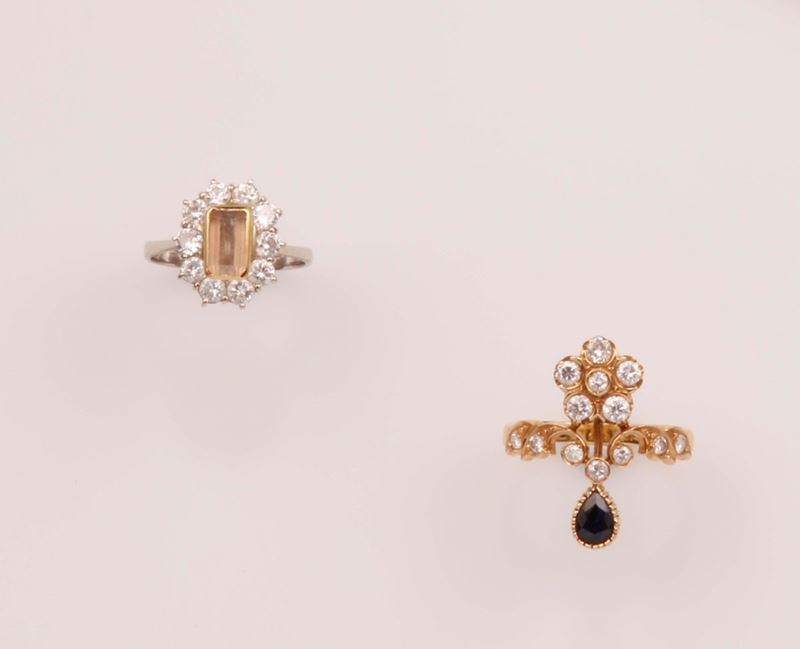 Lotto composto da anello con tormalina e diamanti ed anello con diamanti e zaffiro taglio a goccia  - Auction Vintage, Jewels and Watches - Cambi Casa d'Aste