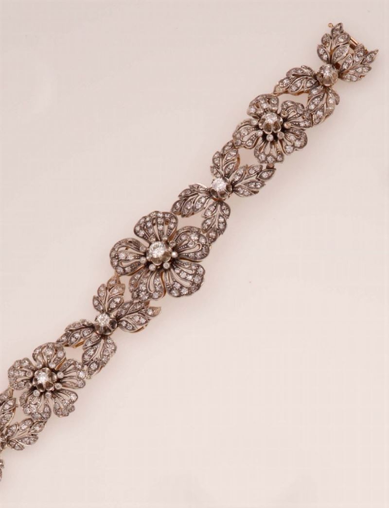 Diamond, gold and silver leaf and flower bracelet  - Auction Fine Jewels - Cambi Casa d'Aste