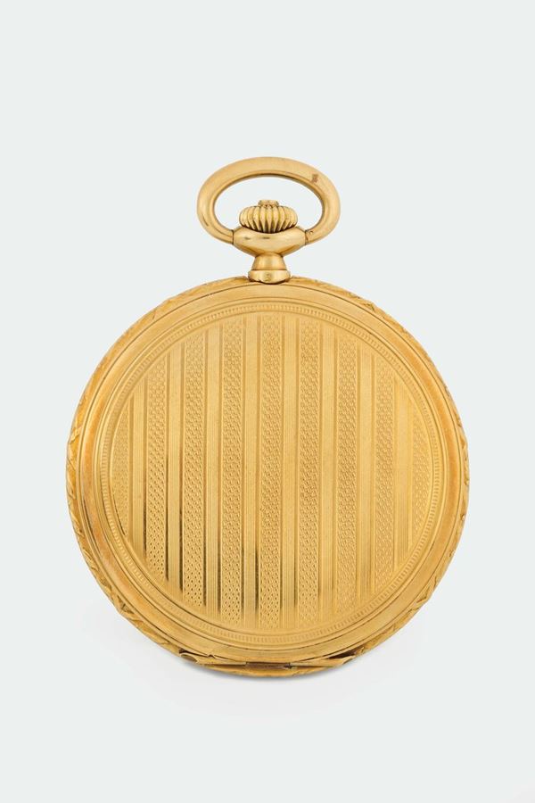 LONGINES, movement No. 4488886. Fine, 18K yellow gold, hunting cased pocket watch with original box. Made circa 1930