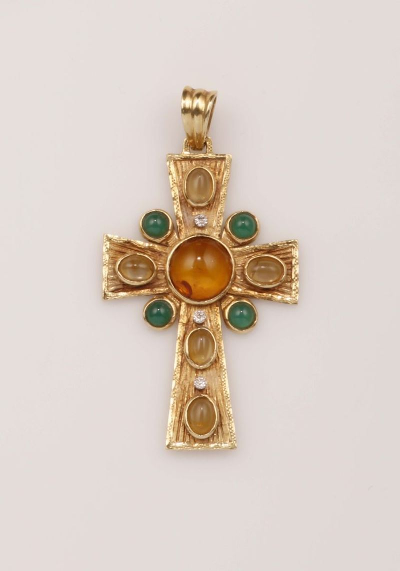 Pendente crocifisso con ambra, quarzi e diamanti  - Auction Vintage, Jewels and Watches - Cambi Casa d'Aste