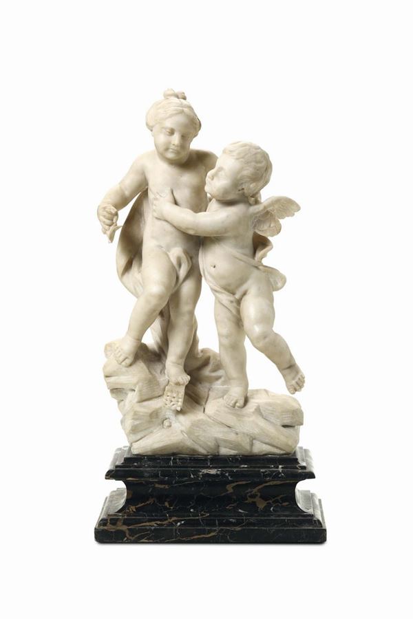 Venus and Cupid in white marble. Italian Baroque art from the 18th century
