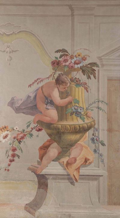 Francesco Fontebasso (1707-1769)gioco di Putti Intorno a Vaso con Fiori su Sfondo di Architetture